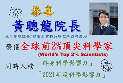 恭喜~民生學院黃聰龍院長榮獲「全球前2%頂尖科學家」