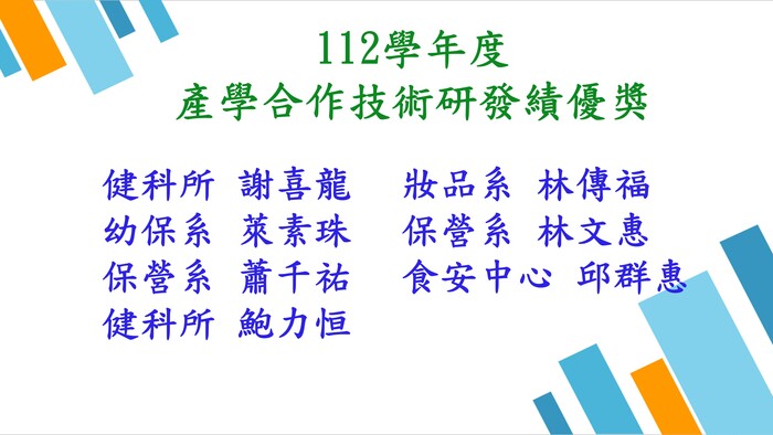 112學年度產學合作技術研發績優獎民生學院共7人圖片