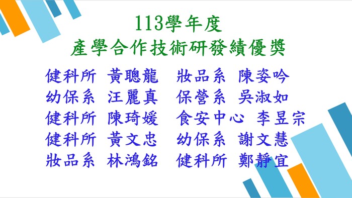 113學年度產學合作技術研發績優獎民生學院共10人圖片
